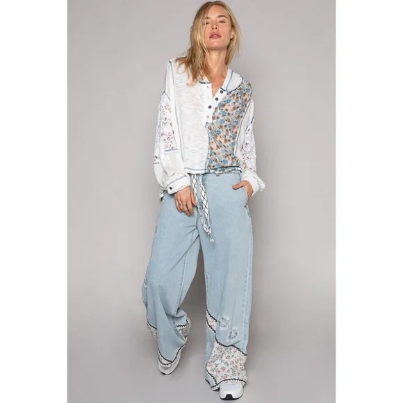 POL Ivory & Blue Floral Panel Lace Detail Half Button Hoodie Oversized - Picture 7 of 9